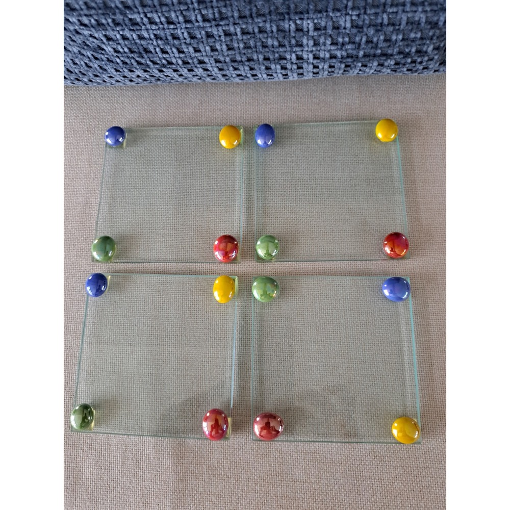 Handmade Clear Glass Coaster Set of 4 with Colorful Glass Marble Feet Modern